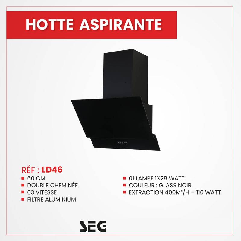 Hotte Cheminée aspirante 60 Black Glass SEG LD46 prix Tunisie-Tunisiatech